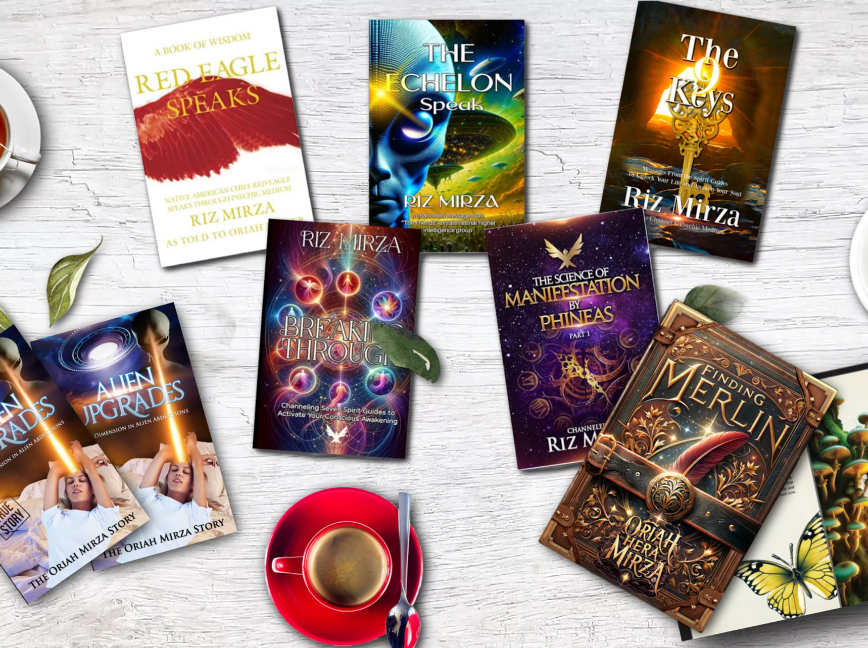 The complete book collection by Riz Mirza and Oriah Hera, including Red Eagle Speaks, The Echelon Speak, The 9 Keys, Breaking Through, The Science of Manifestation, Alien Upgrades, and Finding Merlin