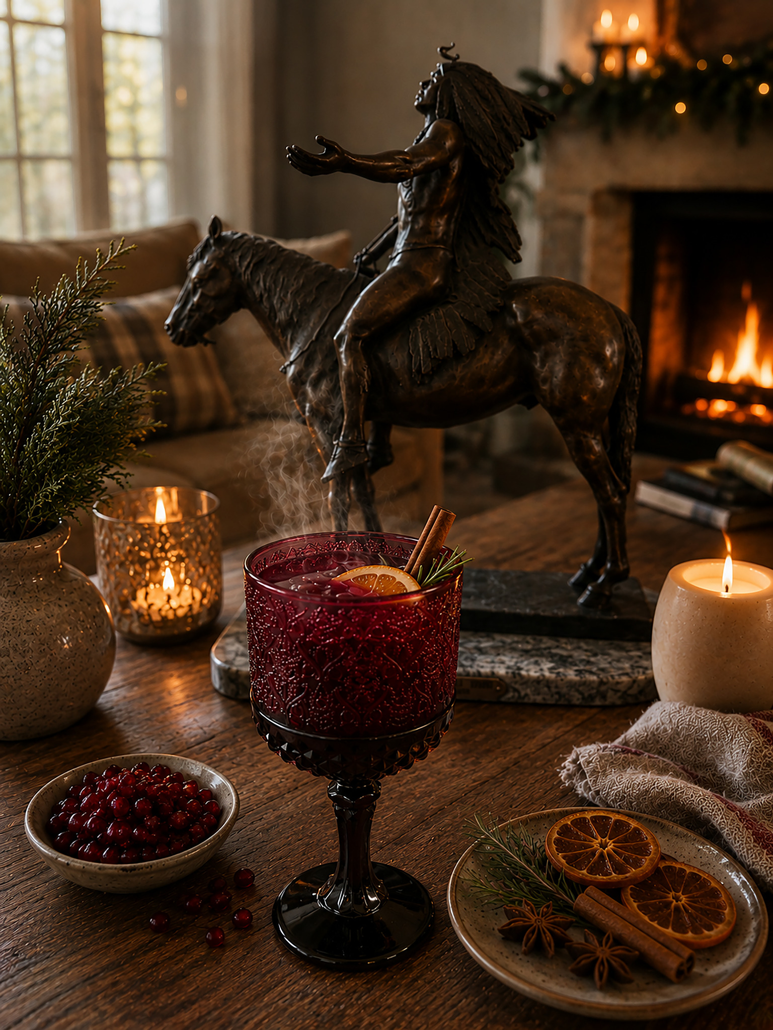 Candlelit evening setting with a ceremonial sculpture