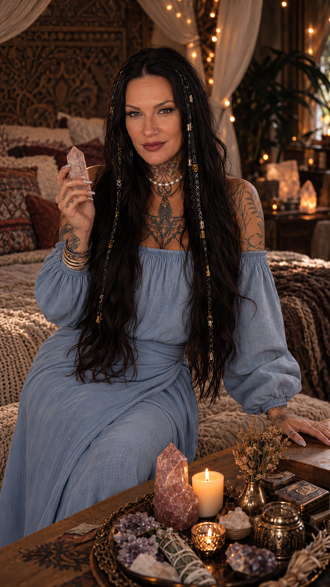 Oriah in her sanctuary with a crystal